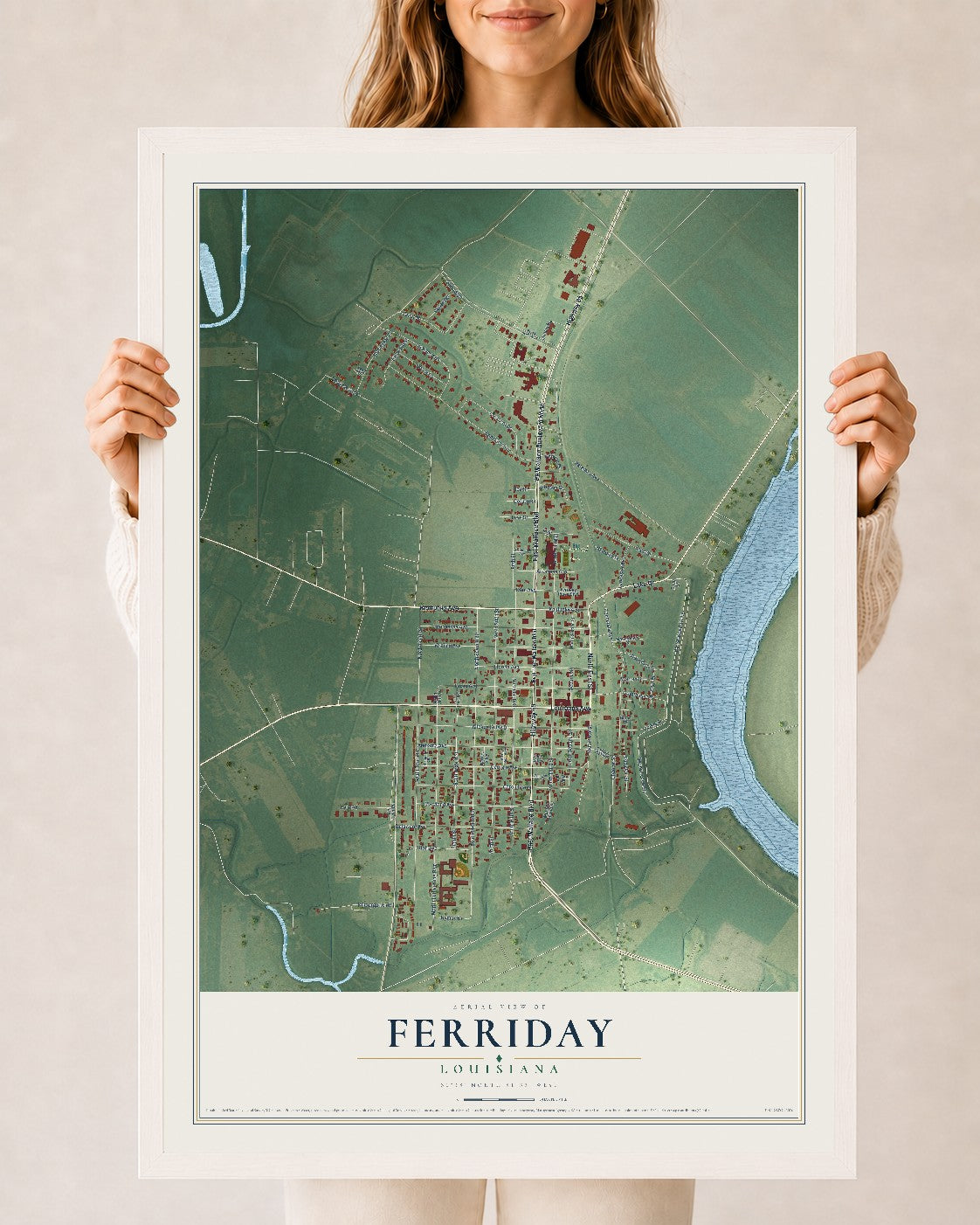 Map of Ferriday, Louisiana, 24 x 36 inch print in a white wood frame