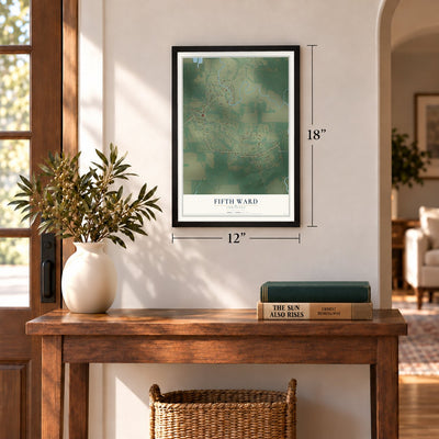 Fifth Ward, Louisiana map, 12 x 18 inch print in a black frame in an entryway