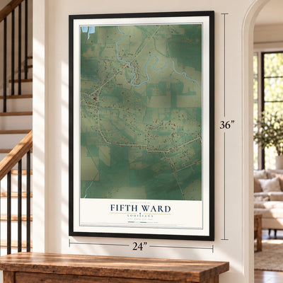 Fifth Ward, Louisiana map, 24 x 36 inch print in a black frame by a staircase