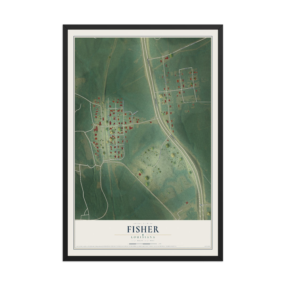 Map of Fisher, Louisiana, 12 x 18 inch print in a black wood frame