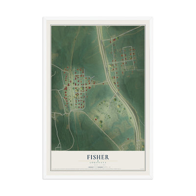 Map of Fisher, Louisiana, 12 x 18 inch print in a white wood frame