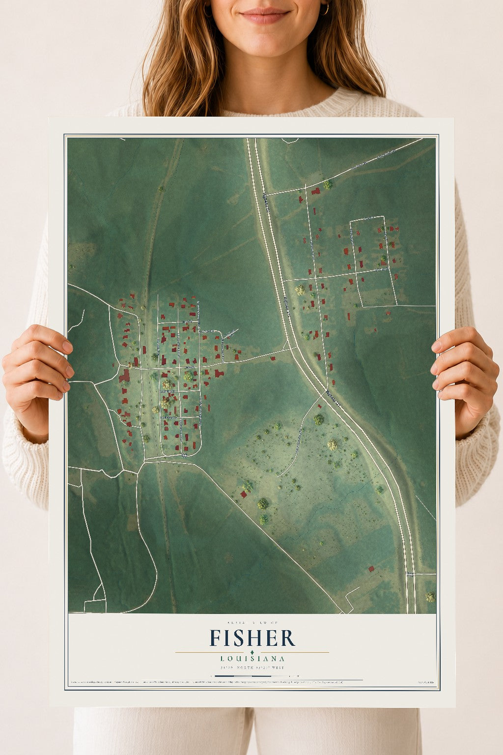 Map of Fisher, Louisiana, 18 x 24 inch unframed archival matte print