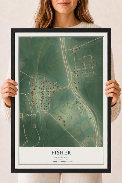 Map of Fisher, Louisiana, 18 x 24 inch print in a black wood frame