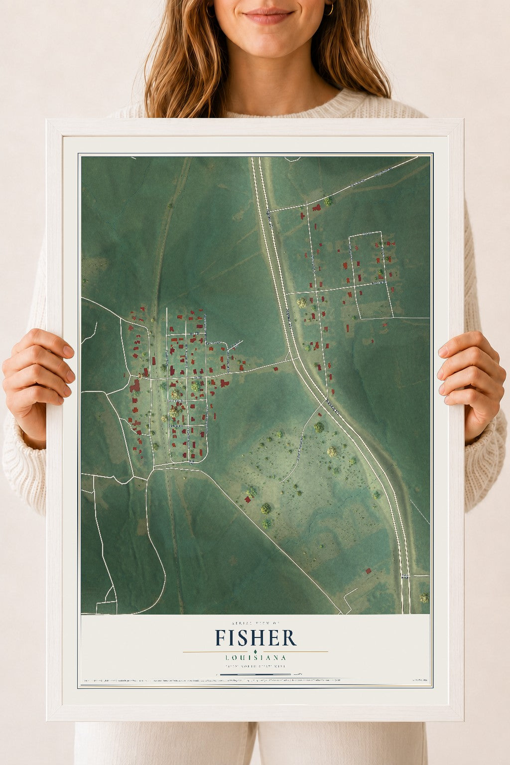 Map of Fisher, Louisiana, 18 x 24 inch print in a white wood frame