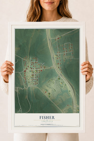 Map of Fisher, Louisiana, 18 x 24 inch print in a white wood frame
