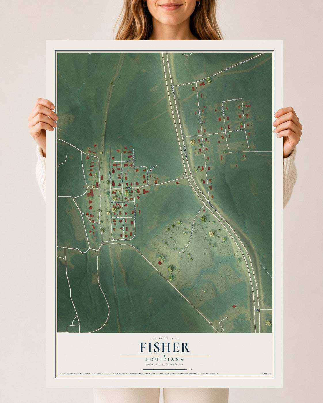 Map of Fisher, Louisiana, 24 x 36 inch unframed archival matte print