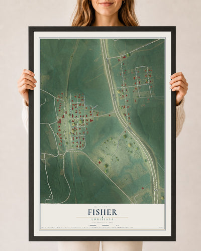 Map of Fisher, Louisiana, 24 x 36 inch print in a black wood frame