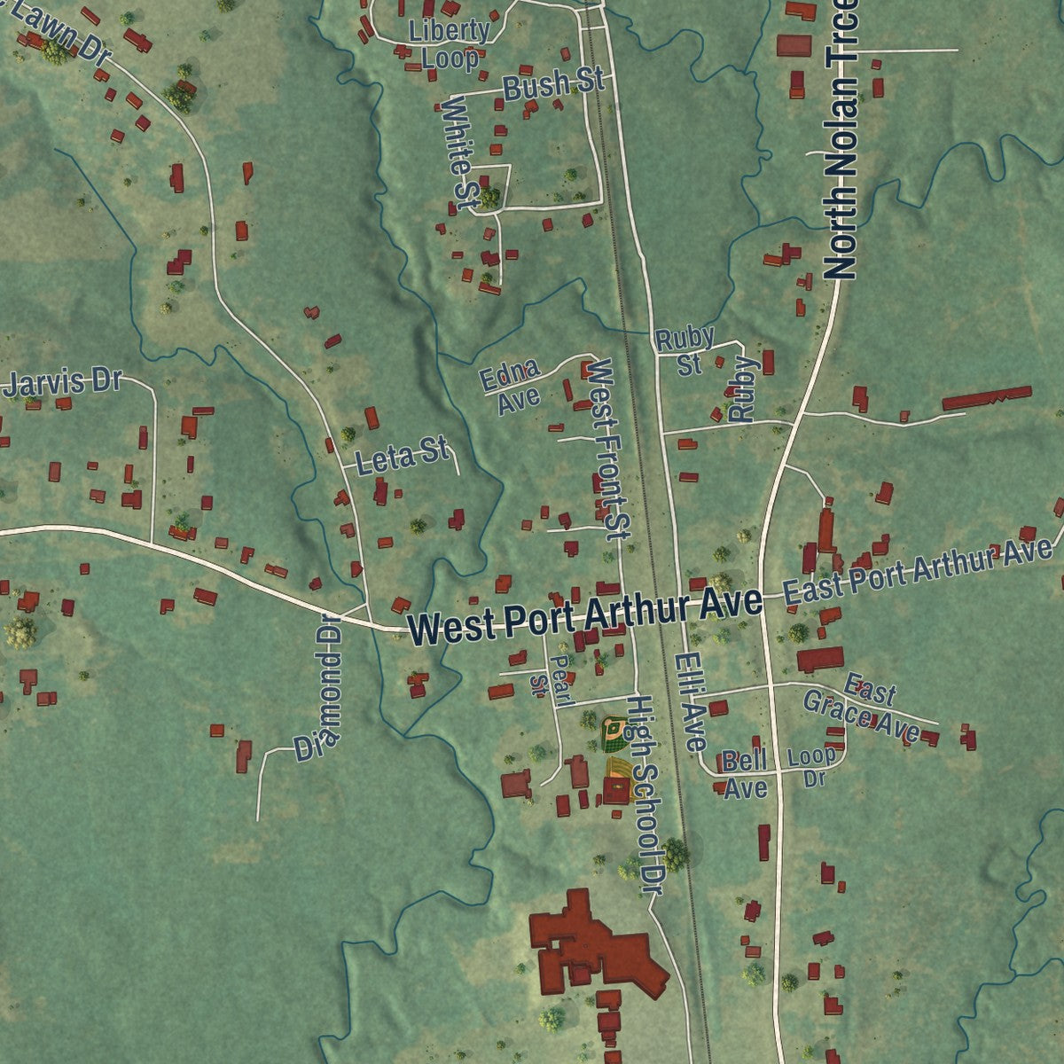 Close-up of the map of Florien, Louisiana print showing street and building detail