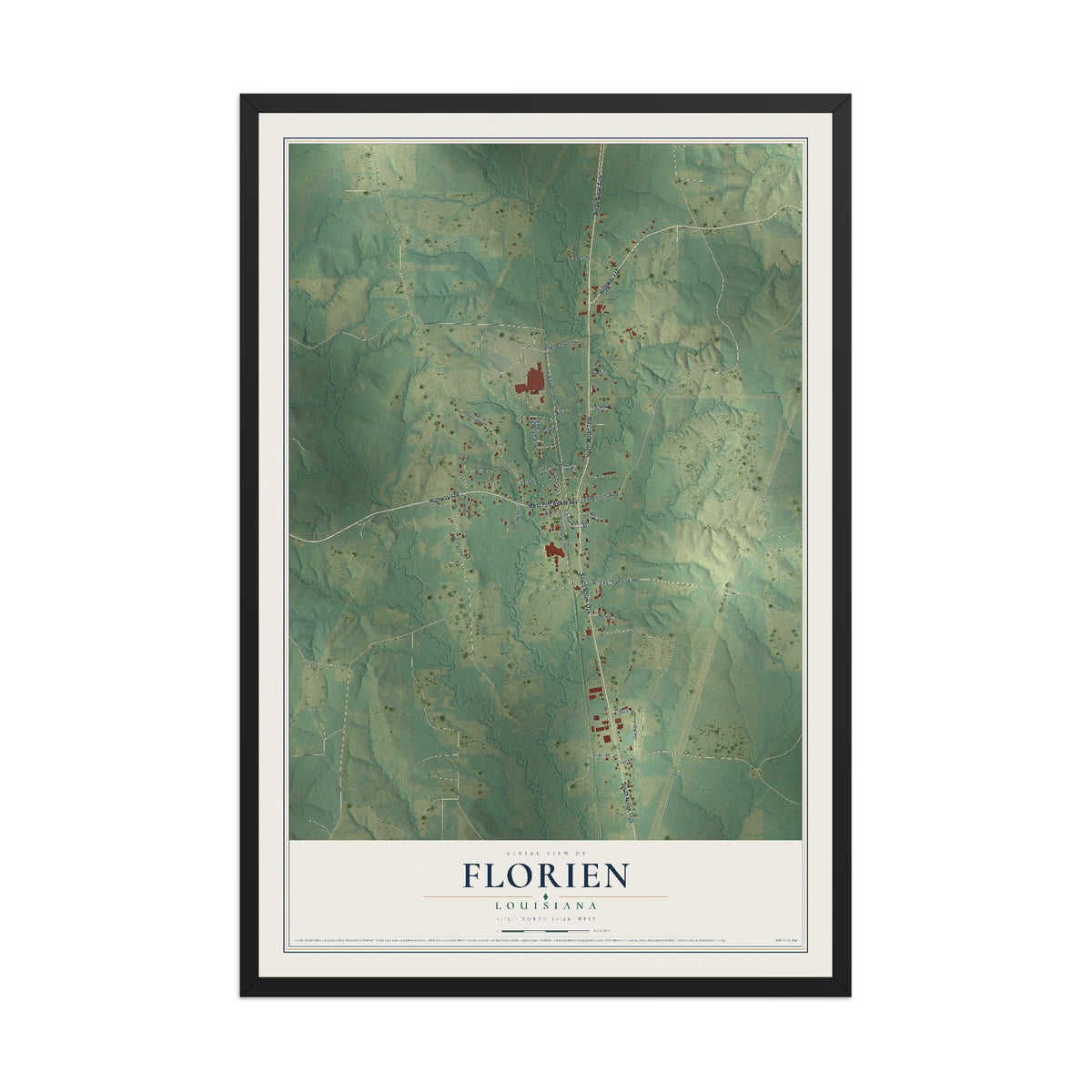Map of Florien, Louisiana, 12 x 18 inch print in a black wood frame
