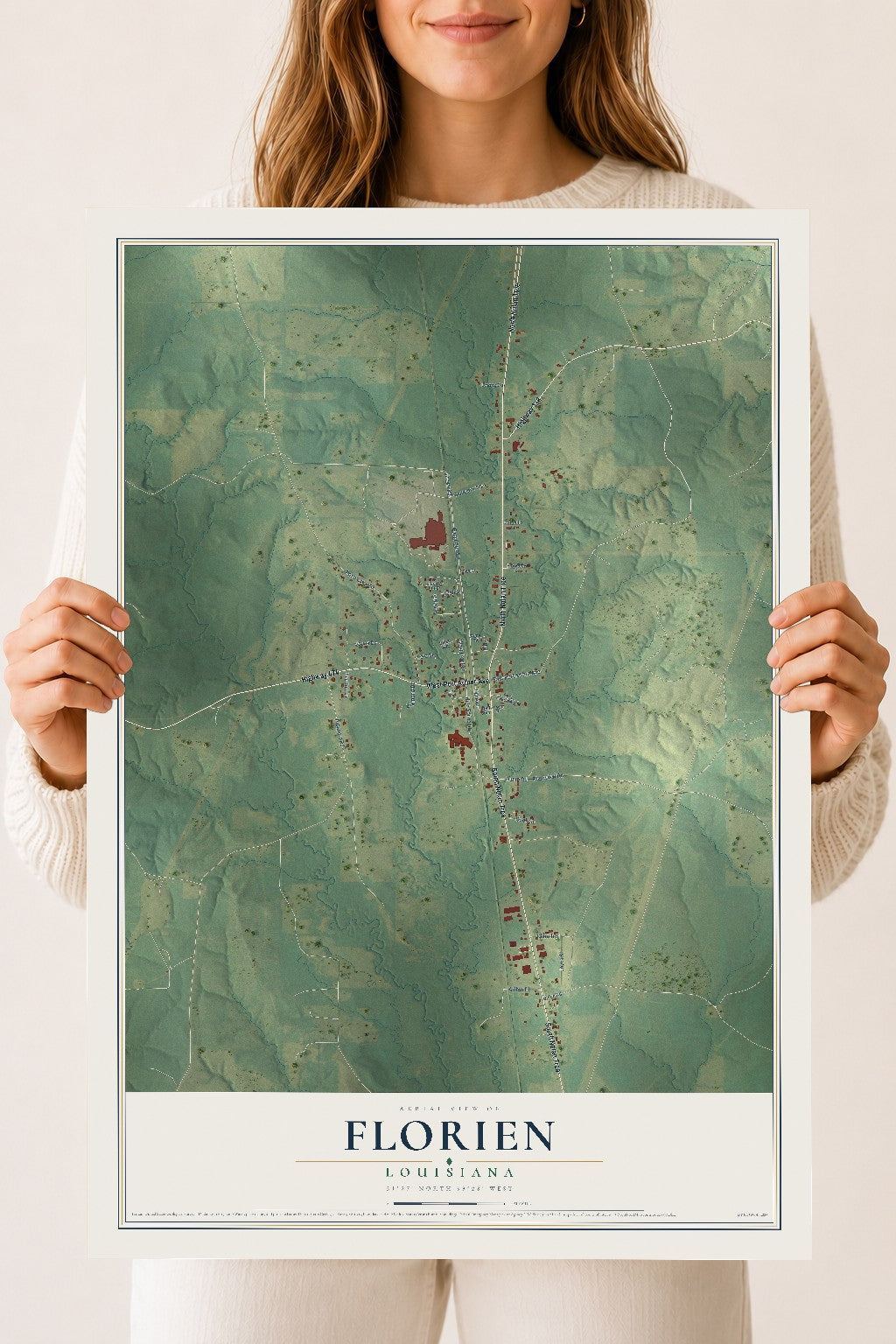 Map of Florien, Louisiana, 18 x 24 inch unframed archival matte print