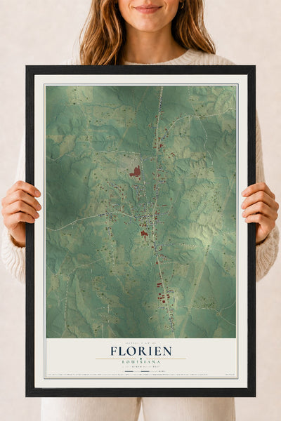 Map of Florien, Louisiana, 18 x 24 inch print in a black wood frame