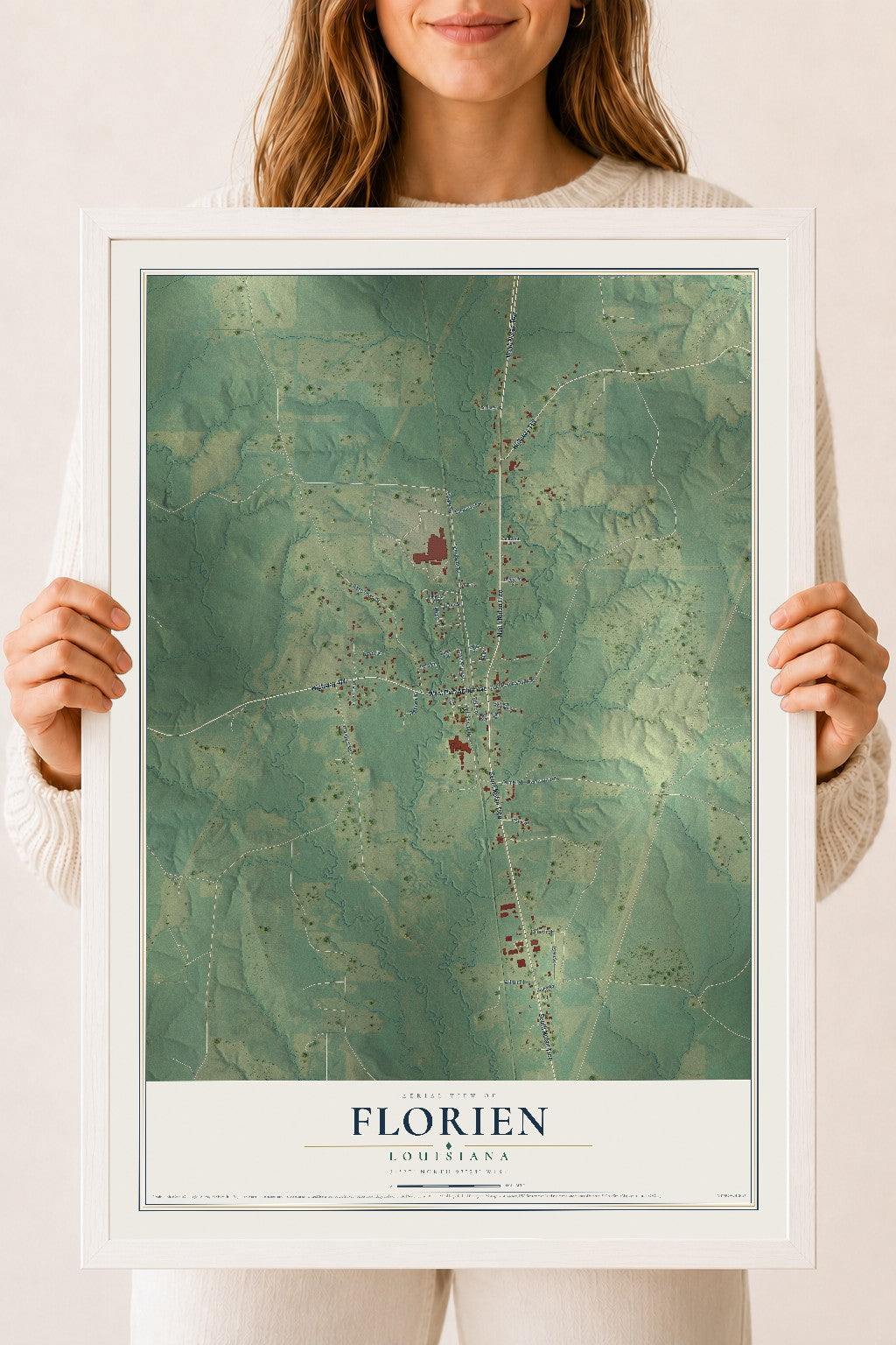 Map of Florien, Louisiana, 18 x 24 inch print in a white wood frame