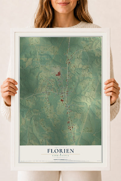 Map of Florien, Louisiana, 18 x 24 inch print in a white wood frame