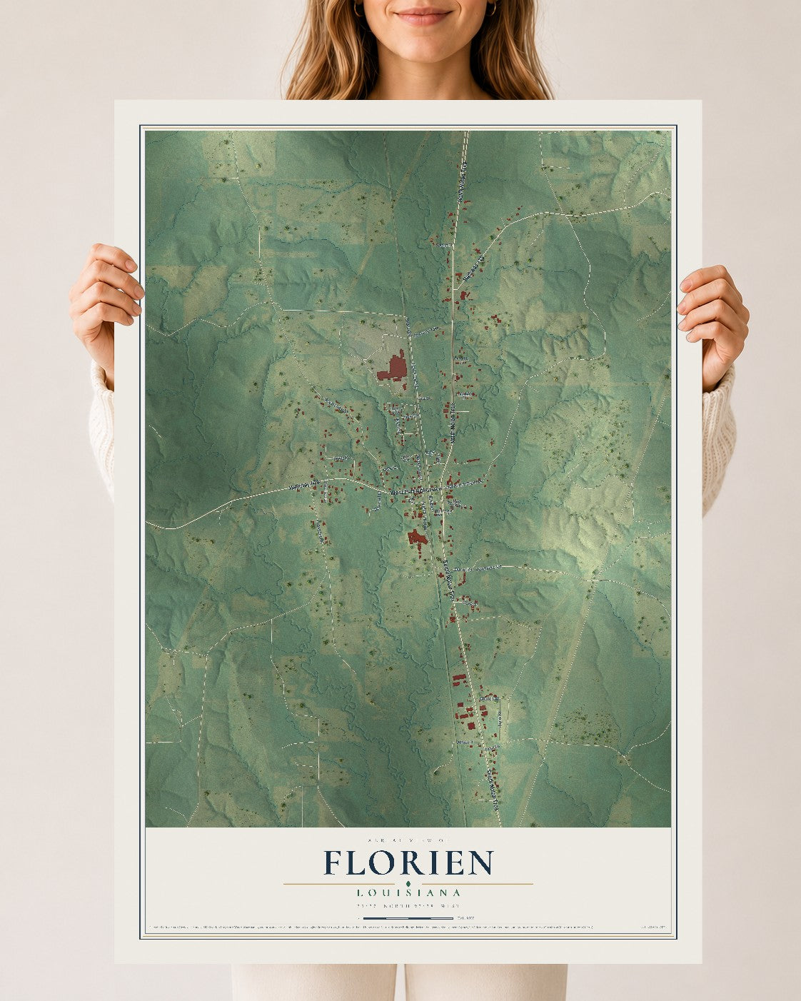 Map of Florien, Louisiana, 24 x 36 inch unframed archival matte print