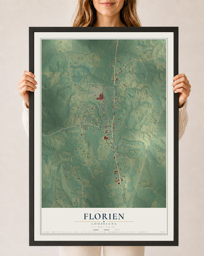 Map of Florien, Louisiana, 24 x 36 inch print in a black wood frame