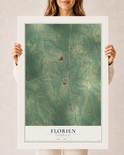 Map of Florien, Louisiana, 24 x 36 inch print in a white wood frame