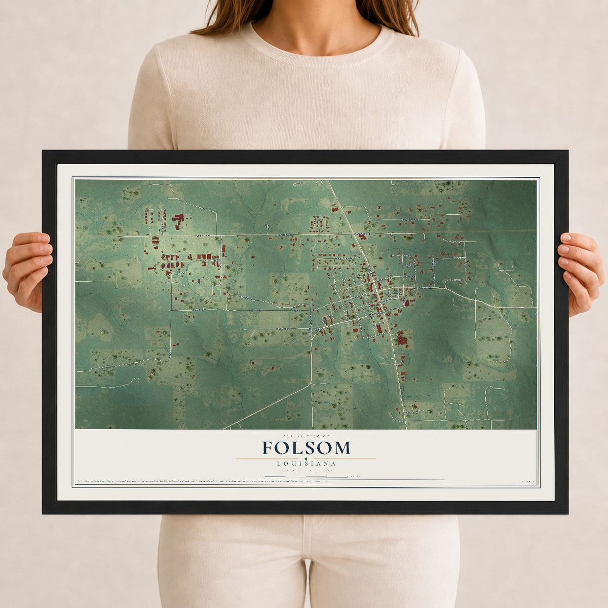 Map of Folsom, Louisiana, 12 x 18 inch print in a black wood frame