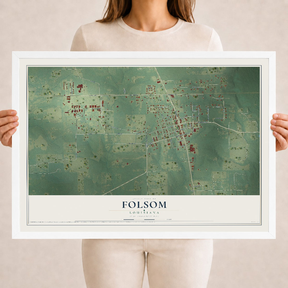 Map of Folsom, Louisiana, 18 x 24 inch print in a white wood frame