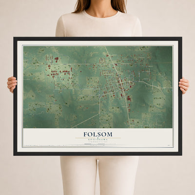 Map of Folsom, Louisiana, 24 x 36 inch print in a black wood frame
