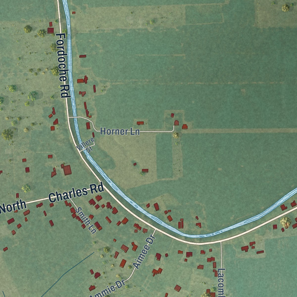 Second close-up of the map of Fordoche, Louisiana print showing more streets and buildings