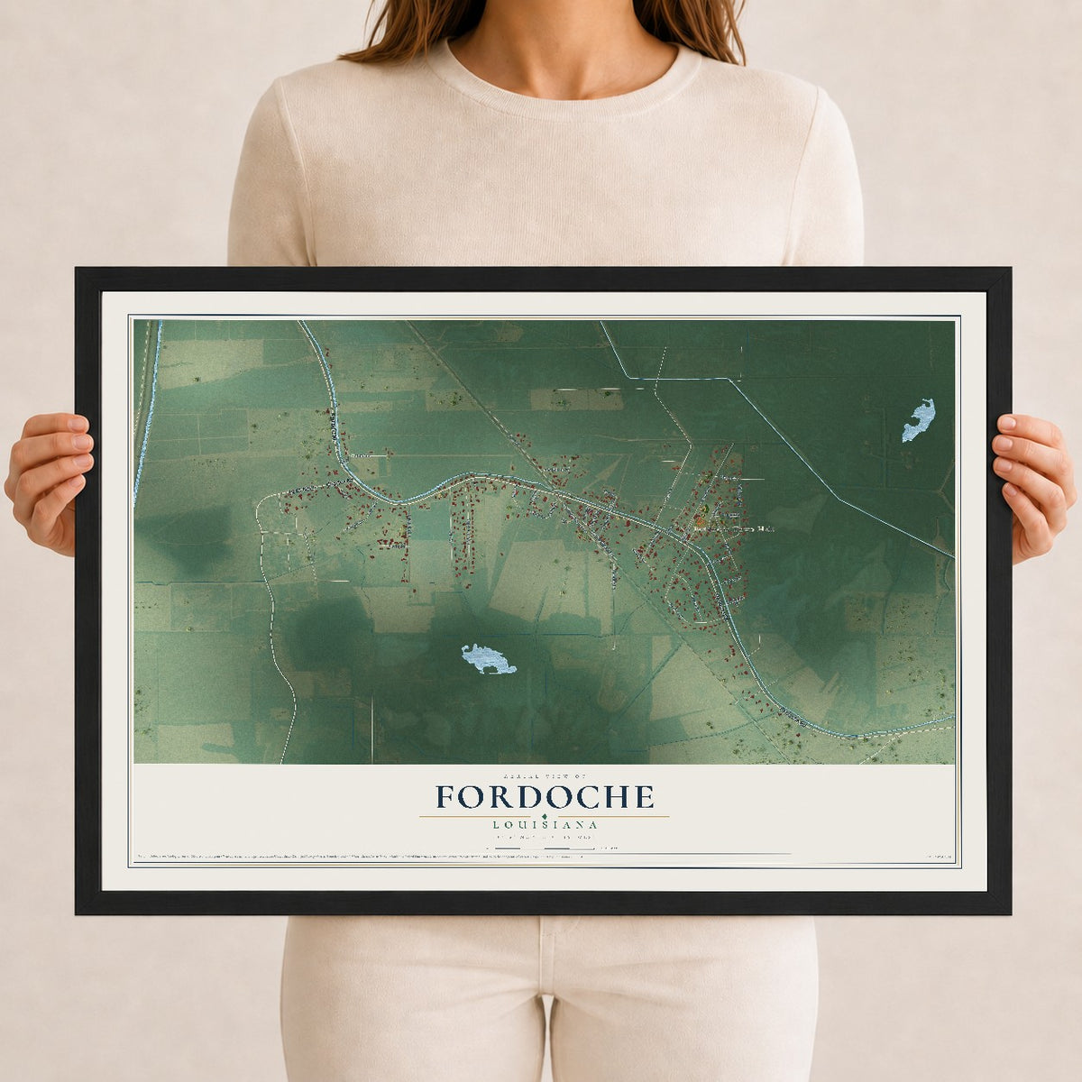 Map of Fordoche, Louisiana, 12 x 18 inch print in a black wood frame