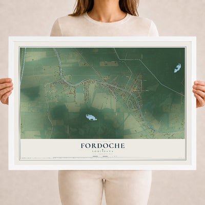 Map of Fordoche, Louisiana, 18 x 24 inch print in a white wood frame