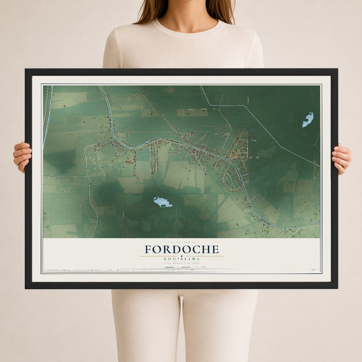 Map of Fordoche, Louisiana, 24 x 36 inch print in a black wood frame