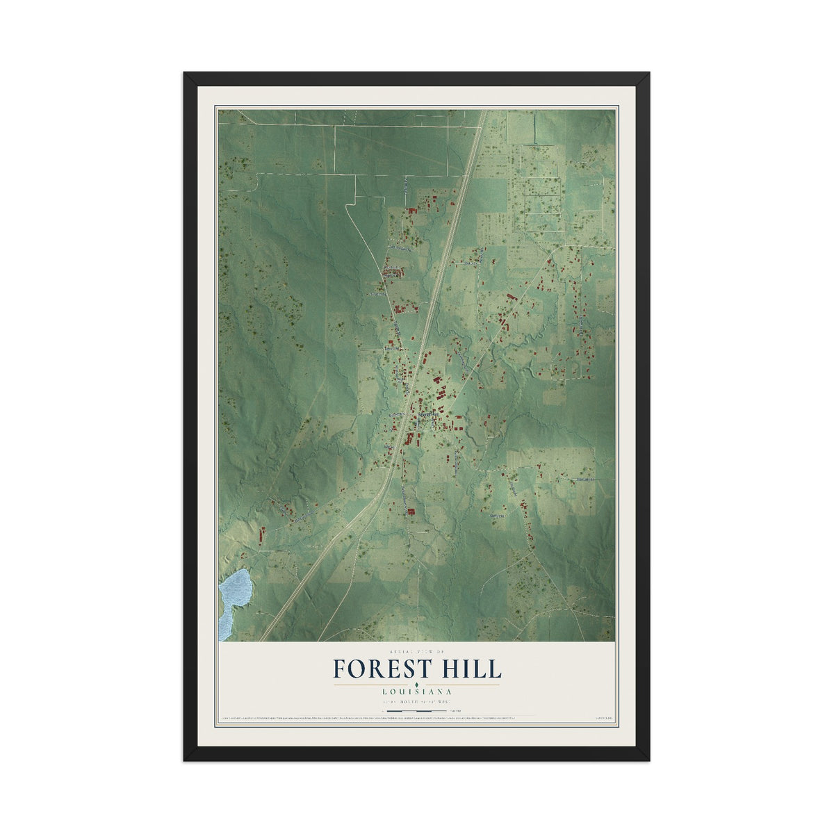 Map of Forest Hill, Louisiana, 12 x 18 inch print in a black wood frame