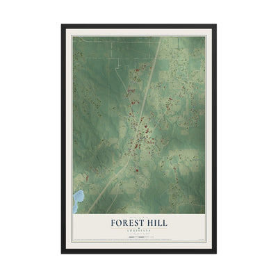 Map of Forest Hill, Louisiana, 12 x 18 inch print in a black wood frame
