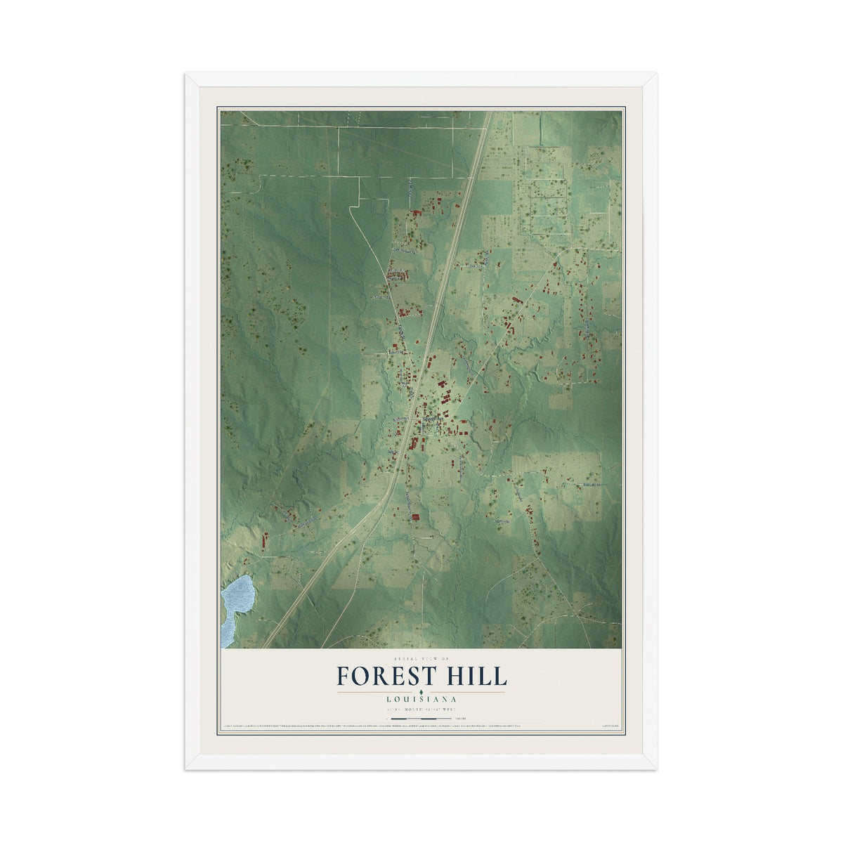 Map of Forest Hill, Louisiana, 12 x 18 inch print in a white wood frame