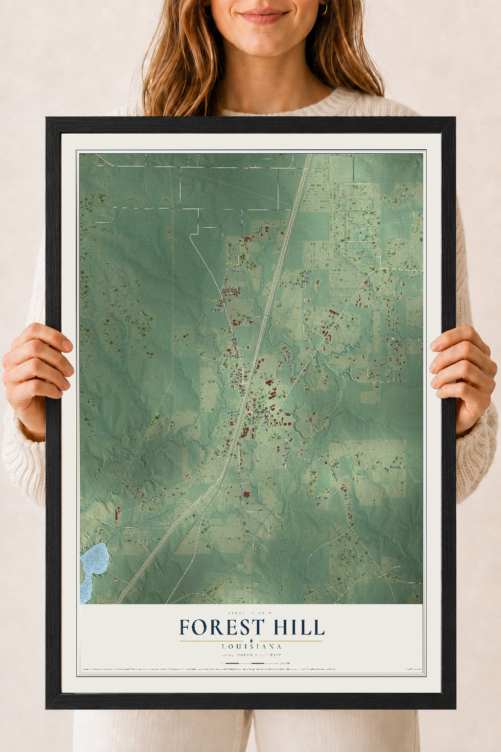 Map of Forest Hill, Louisiana, 18 x 24 inch print in a black wood frame