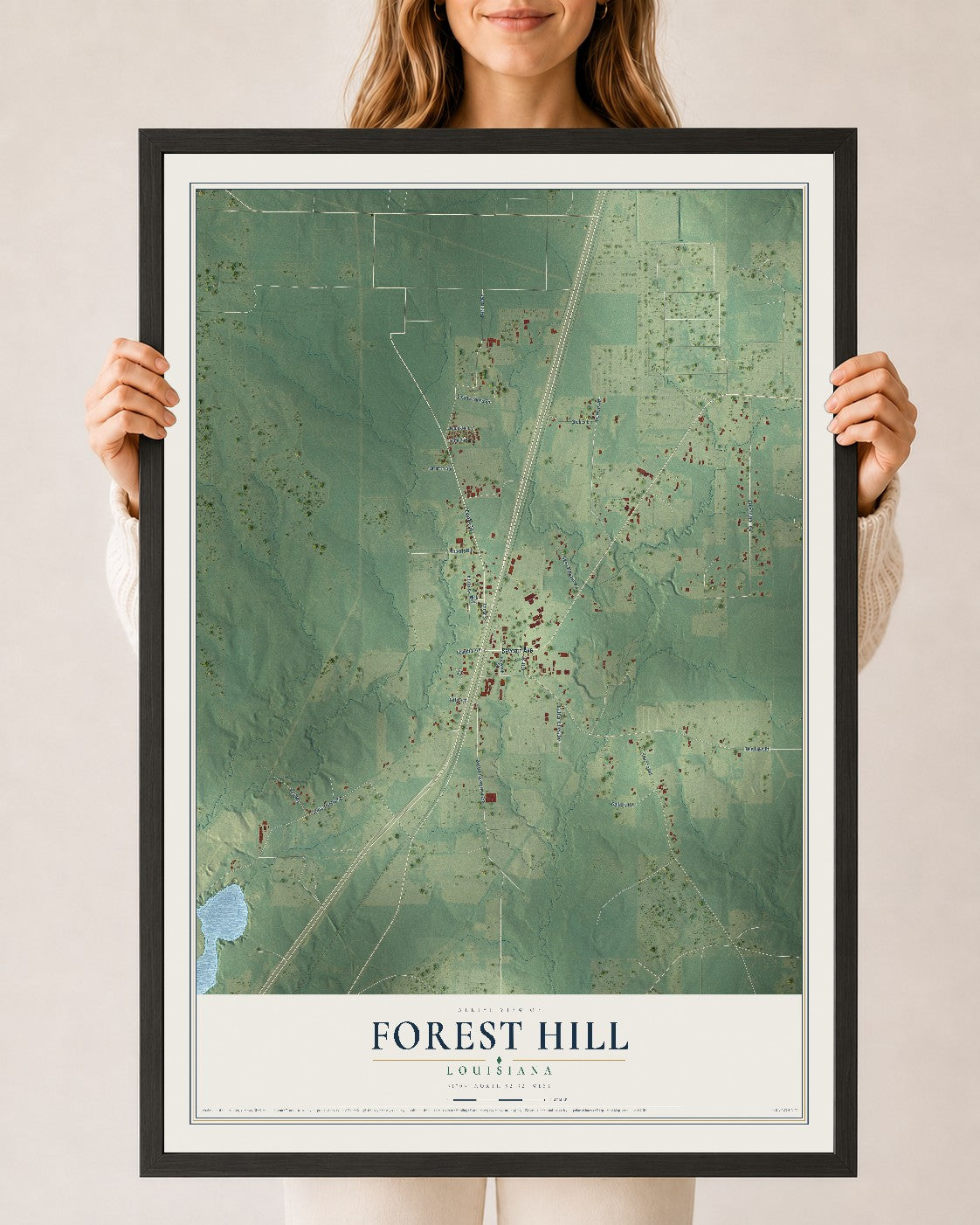Map of Forest Hill, Louisiana, 24 x 36 inch print in a black wood frame