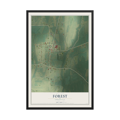 Map of Forest, Louisiana, 12 x 18 inch print in a black wood frame