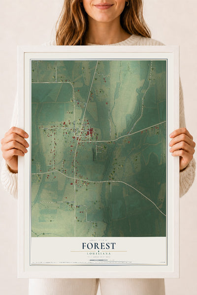 Map of Forest, Louisiana, 18 x 24 inch print in a white wood frame