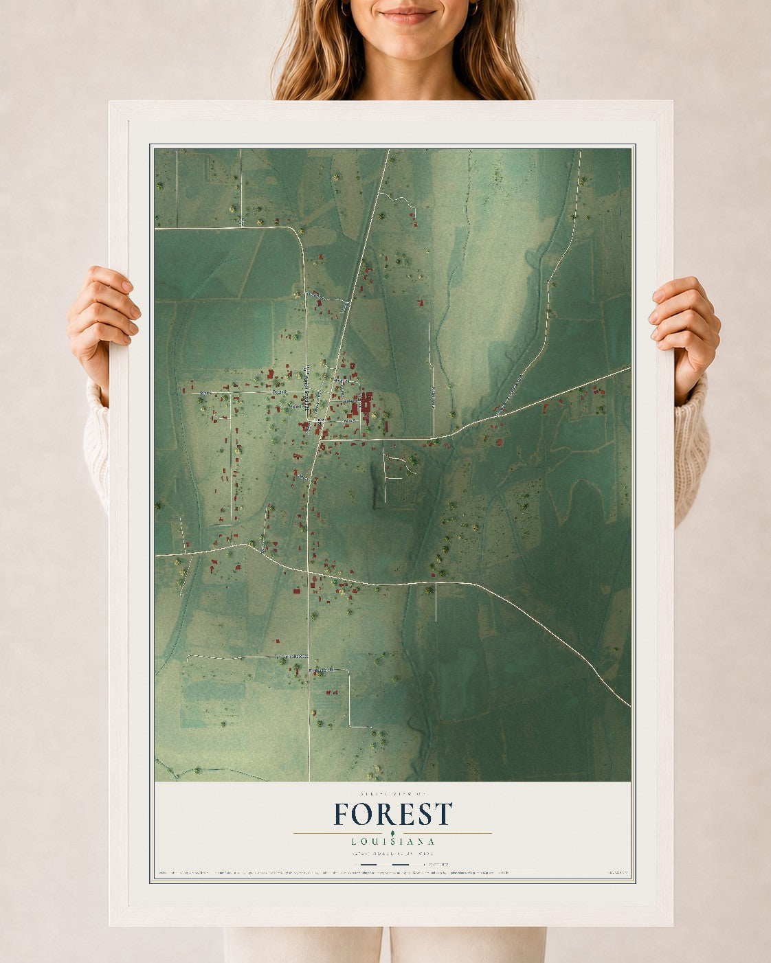 Map of Forest, Louisiana, 24 x 36 inch print in a white wood frame