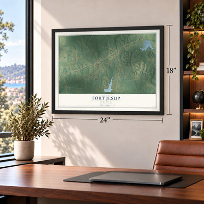 Fort Jesup, Louisiana map, 18 x 24 inch print in a black frame in a home office