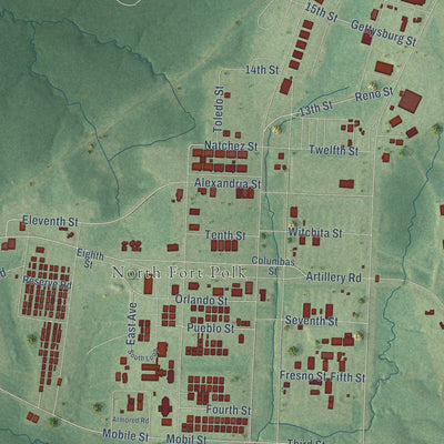 Close-up of the map of Fort Polk North, Louisiana print showing street and building detail