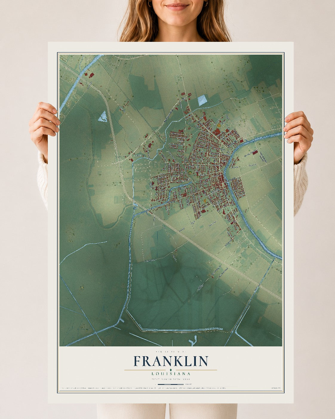 Map of Franklin, Louisiana, 24 x 36 inch unframed archival matte print