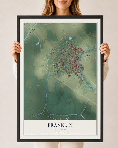 Map of Franklin, Louisiana, 24 x 36 inch print in a black wood frame