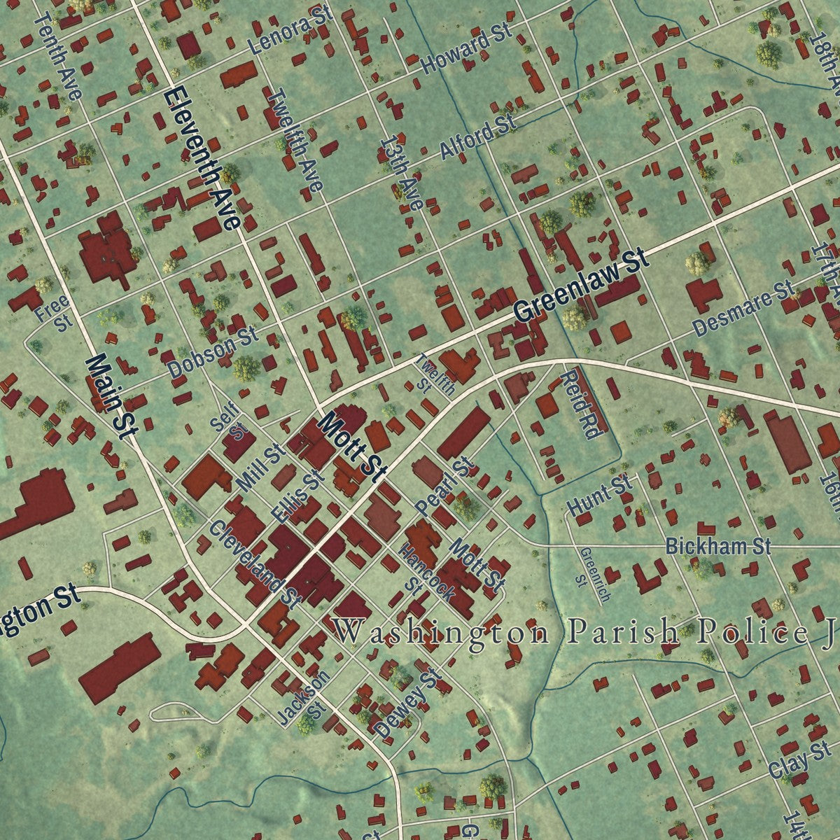 Close-up of the map of Franklinton, Louisiana print showing street and building detail