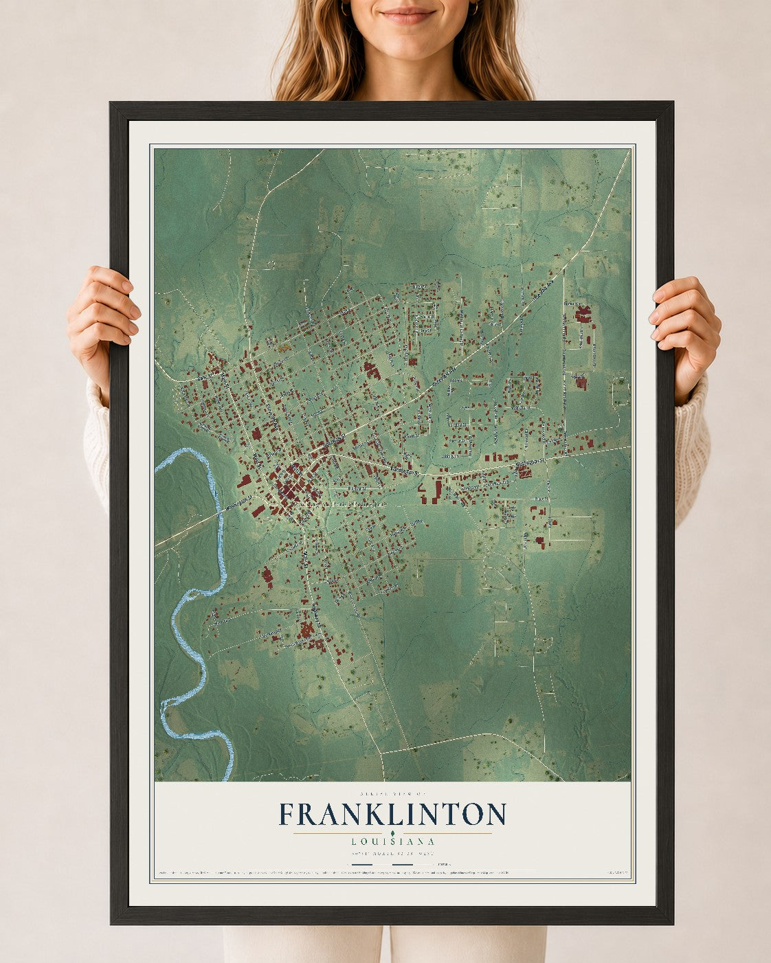 Map of Franklinton, Louisiana, 24 x 36 inch print in a black wood frame