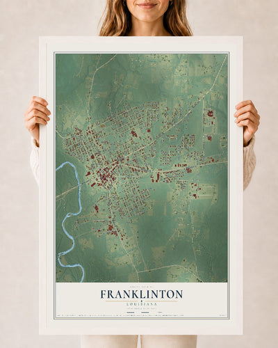 Map of Franklinton, Louisiana, 24 x 36 inch print in a white wood frame