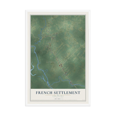 Map of French Settlement, Louisiana, 12 x 18 inch print in a white wood frame