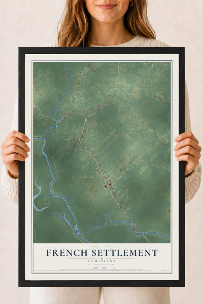 Map of French Settlement, Louisiana, 18 x 24 inch print in a black wood frame
