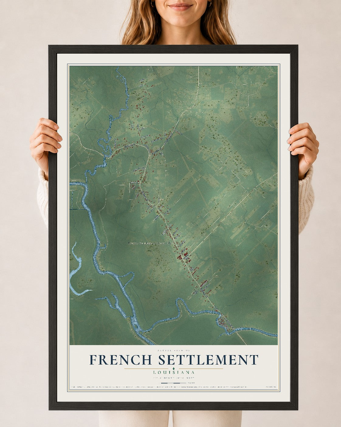 Map of French Settlement, Louisiana, 24 x 36 inch print in a black wood frame