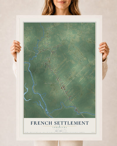 Map of French Settlement, Louisiana, 24 x 36 inch print in a white wood frame