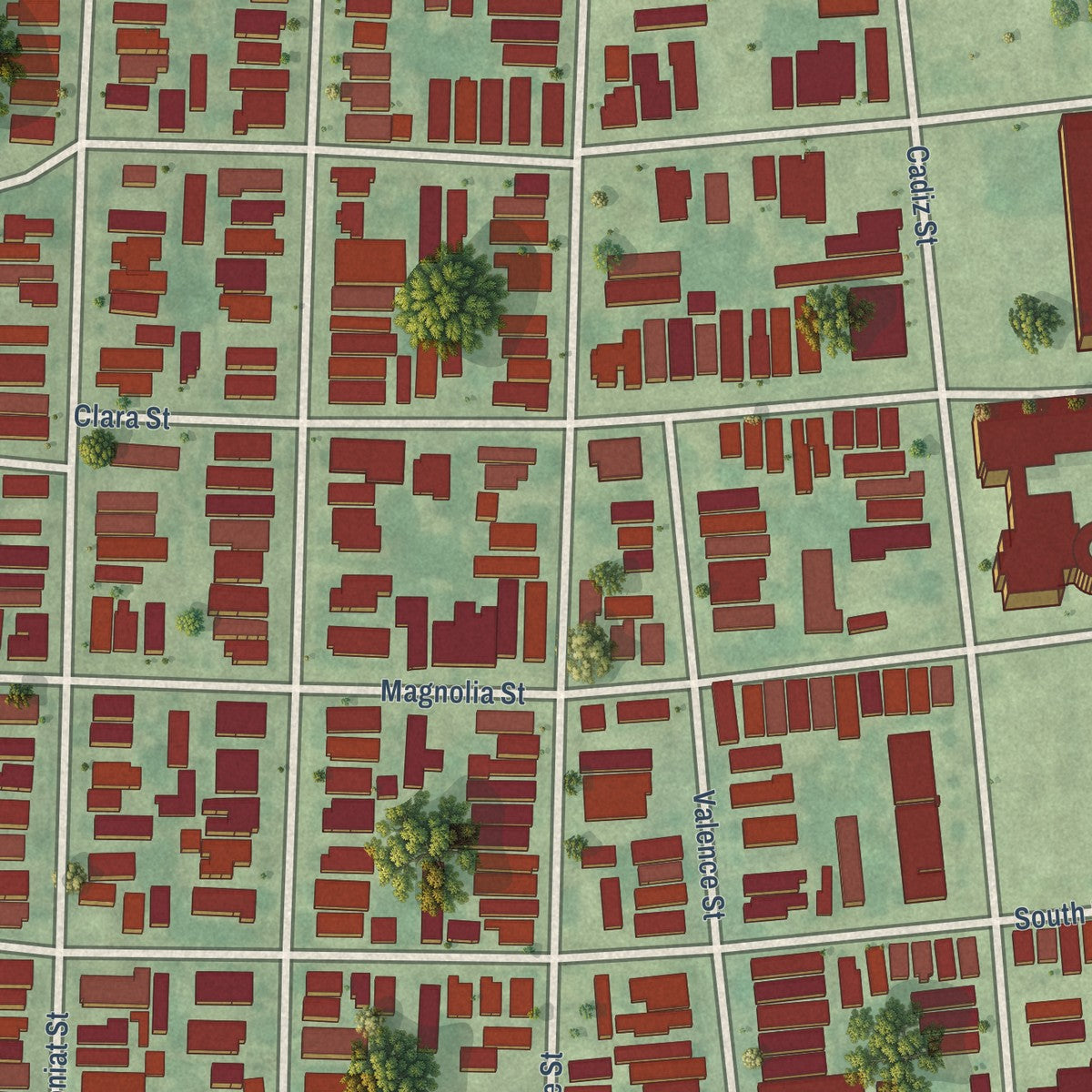 Close-up of the map of Freret, Louisiana print showing street and building detail