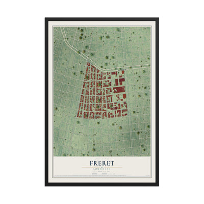 Map of Freret, Louisiana, 12 x 18 inch print in a black wood frame