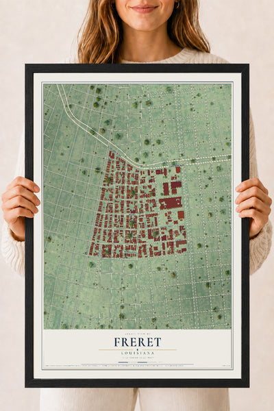 Map of Freret, Louisiana, 18 x 24 inch print in a black wood frame