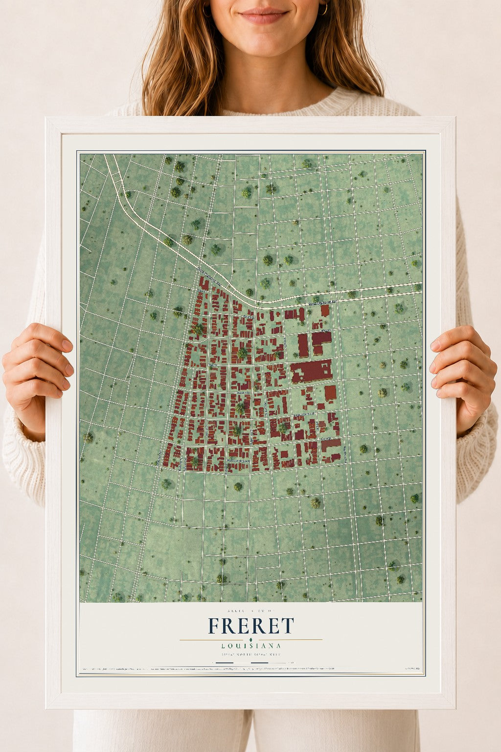 Map of Freret, Louisiana, 18 x 24 inch print in a white wood frame